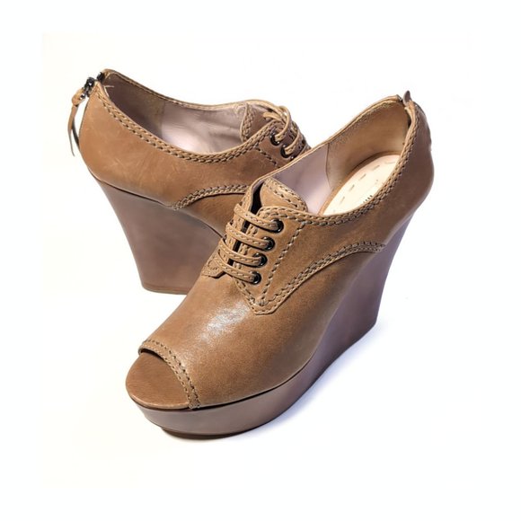 MIU MIU Prada 42 Tan Platform Wedge Peeptoe Booties Womens 10.5 - Picture 4 of 9